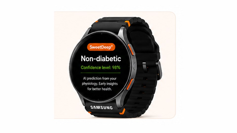 SweetDeep on a Samsung smartwatch showing a non-diabetic screening result