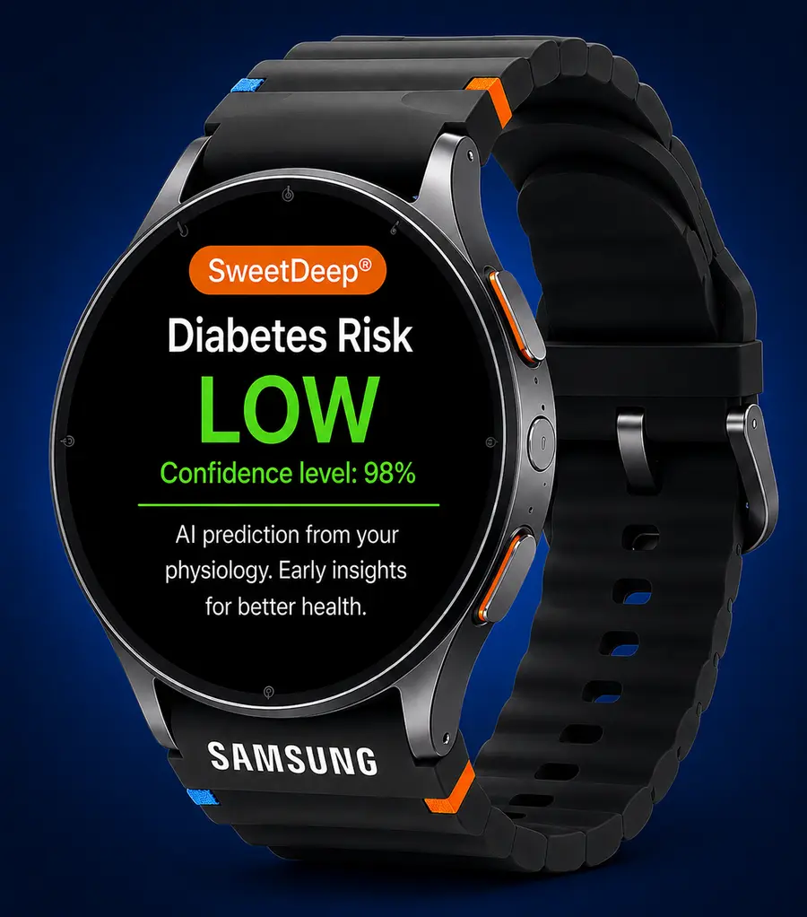 SweetDeep concept interface on Galaxy Watch — investigational; not a cleared medical device