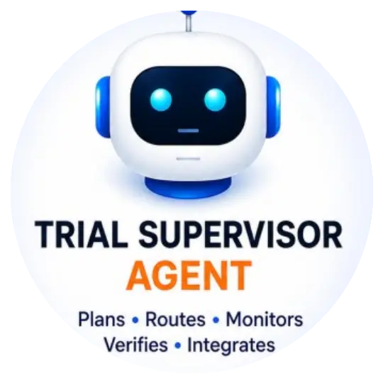 Trial Supervisor Agent — plans, routes, monitors, verifies, integrates
