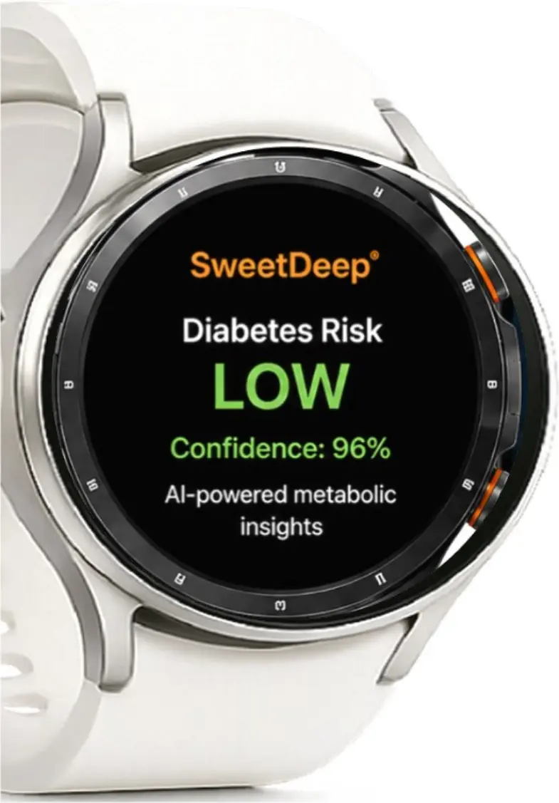SweetDeep diabetes-risk concept result screen — investigational; not a cleared medical device