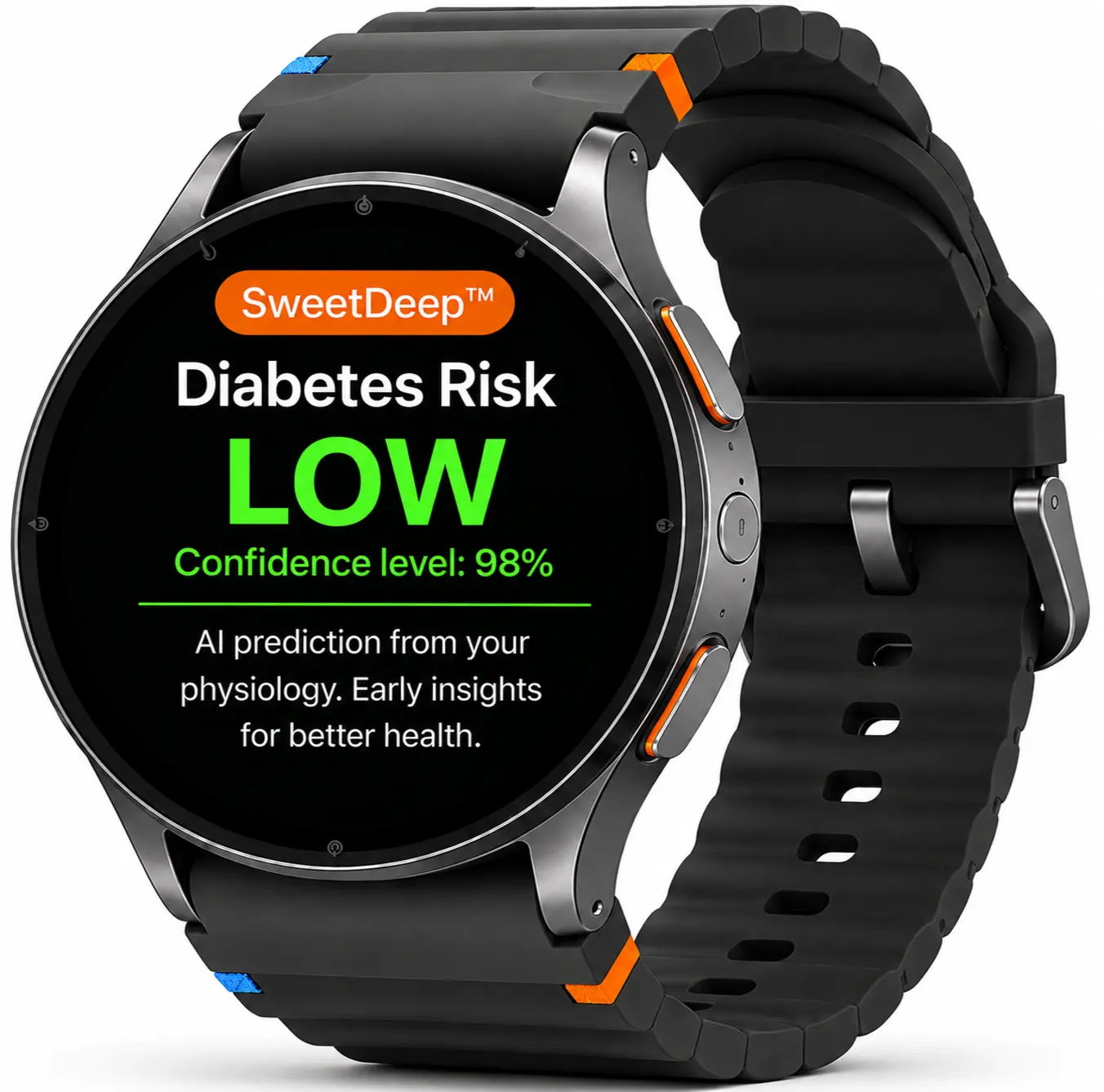 SweetDeep investigational smartwatch concept showing a diabetes risk screening result