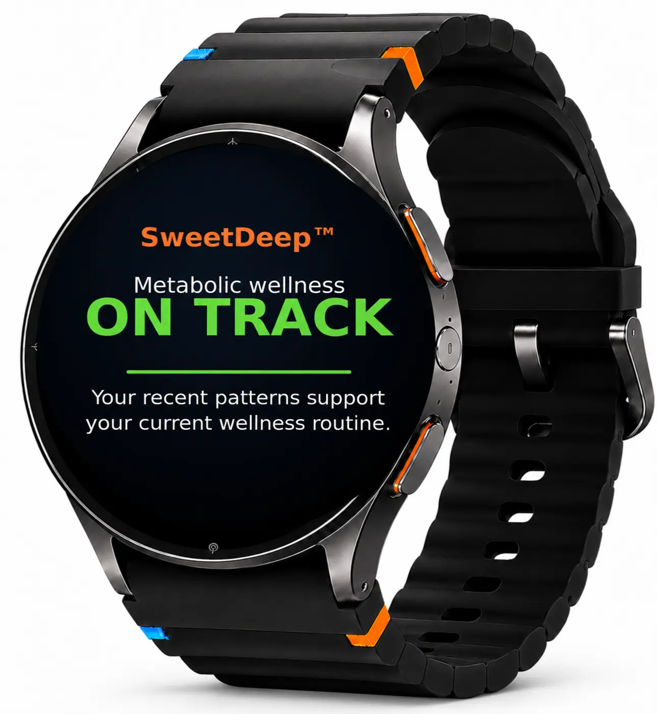 SweetDeep smartwatch concept showing a metabolic wellness status