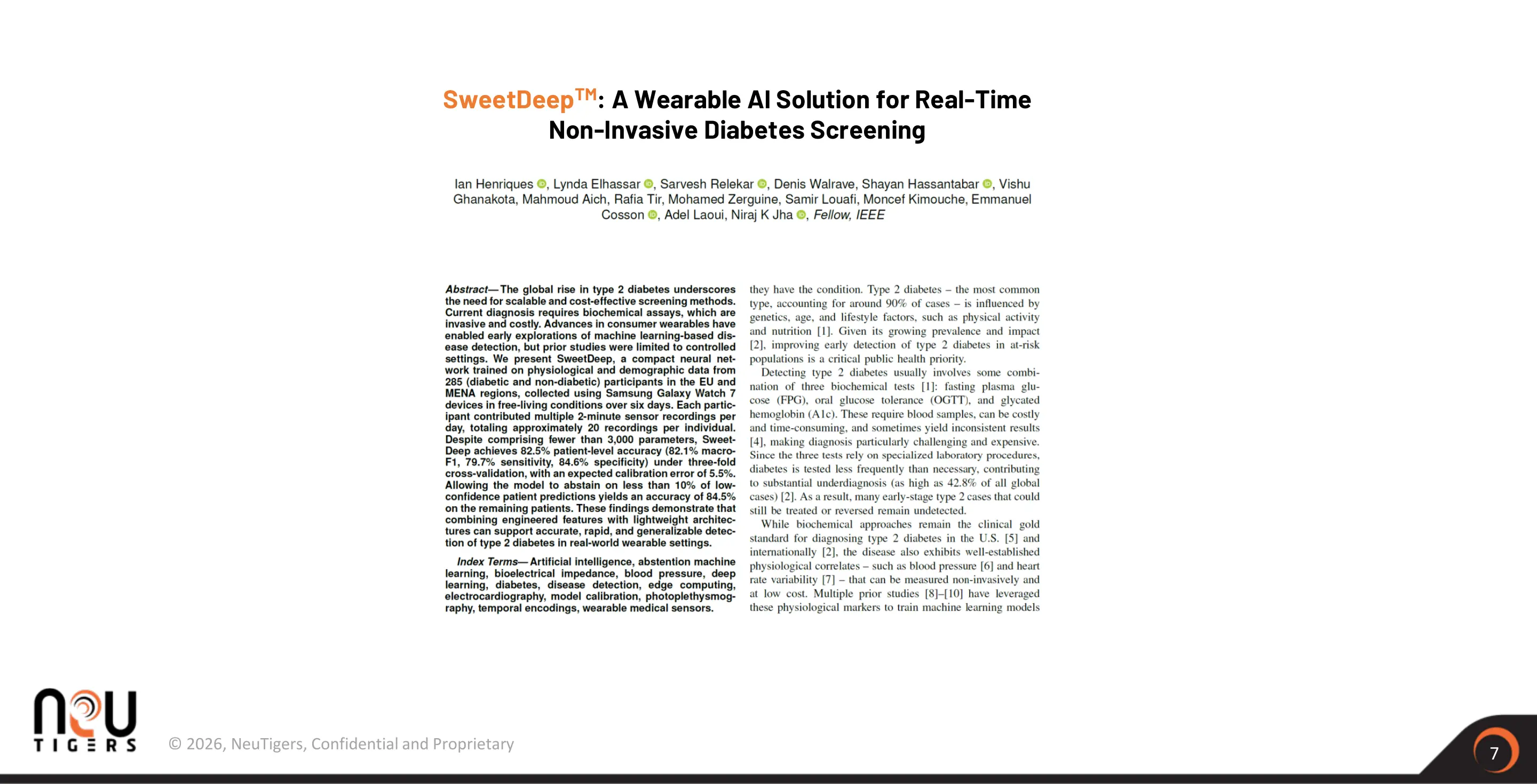 SweetDeep wearable-AI research publication on real-time non-invasive diabetes screening